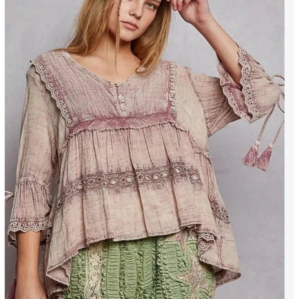 POL Anthropologie Blouse Top Lace Soft Blush Romance Bohemian Rayon Soft Small
